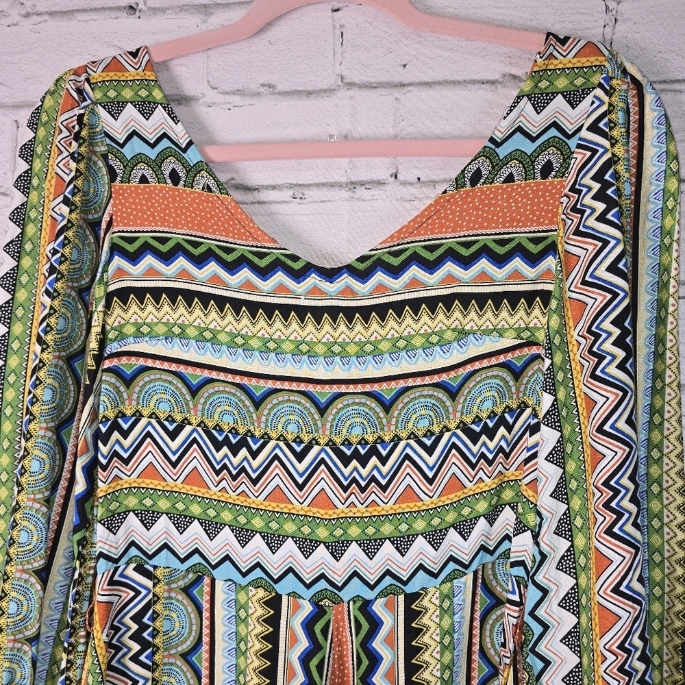 HOT AND DELICIOUS MULTCOLORED V-NECK ROMPER LONG BELL SLEEVE HIPPIE BOHO SMALL - Picture 5 of 7